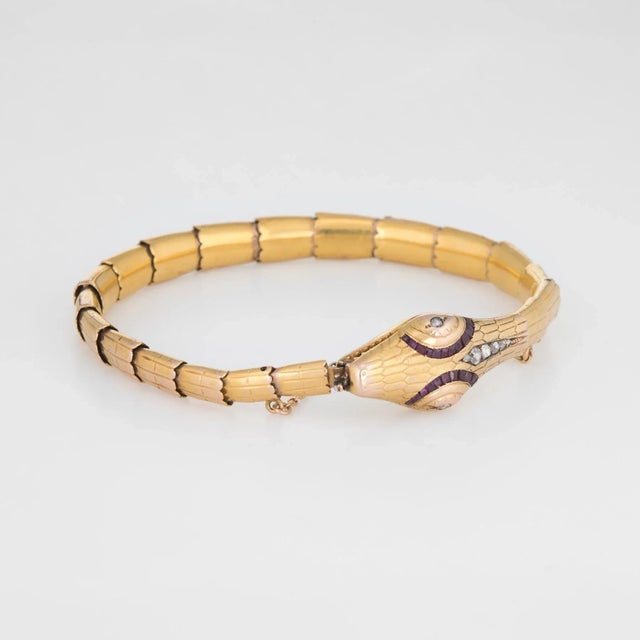 Traditional Antique Edwardian Snake Bracelet 18k Yellow Gold Diamond Ruby Vintage For Sale - Image 3 of 6