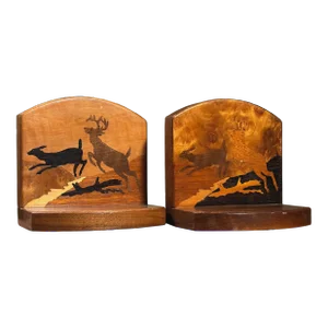Vintage Studio Marquetry Hand Carved Inlay Burl Wood Folk Art Bookends With Deer and Doe