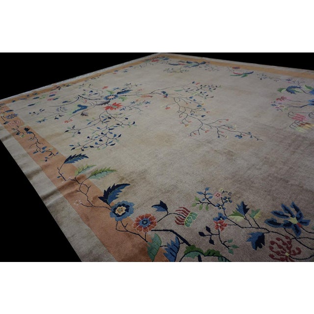 Art Deco Beige Floral Antique Chinese Art Deco Rectangle Large 1920s Hand Knotted Rug For Sale - Image 3 of 12