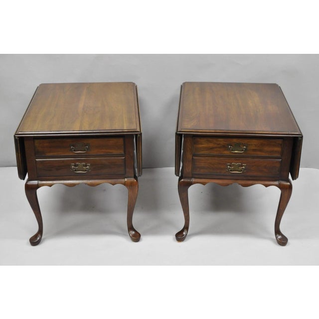 Vintage Pennsylvania House Queen Anne Cherry Wood Drop Leaf Pembroke End Tables w/ 2 Drawers - a Pair. Circa Late 20th...