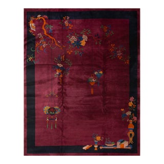 1920s Red Wine Classic Floral Vase Antique Chinese Art Deco Carpet 9'2" X 11'10" Knotted Pile Wool Rug For Sale