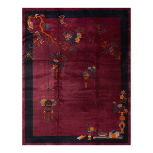 1920s Red Wine Classic Floral Vase Antique Chinese Art Deco Carpet 9'2" X 11'10" Knotted Pile Wool Rug