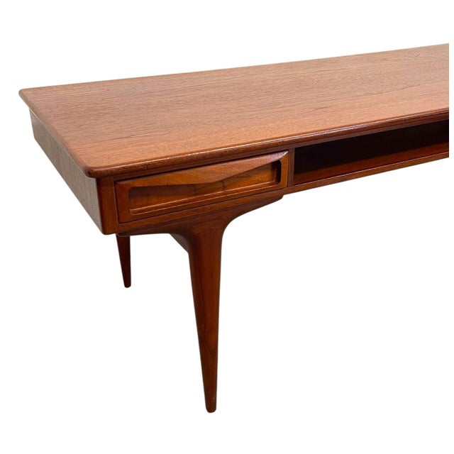 Vintage Mid Century Modern Danish Style Coffee Table With Sculpted Drawer Pulls and Open Shelf Storage For Sale - Image 4 of 11