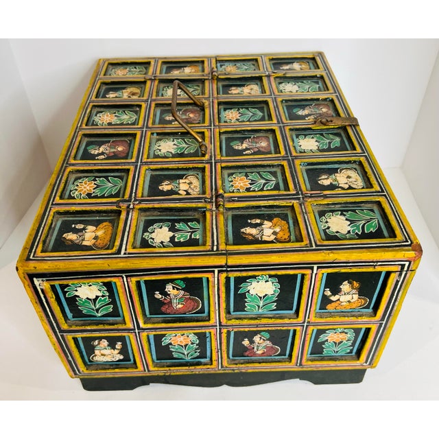 Antique Indian Moghul Dowry Chest Hand Carved Wood Trunk Jewelry Storage For Sale - Image 4 of 9