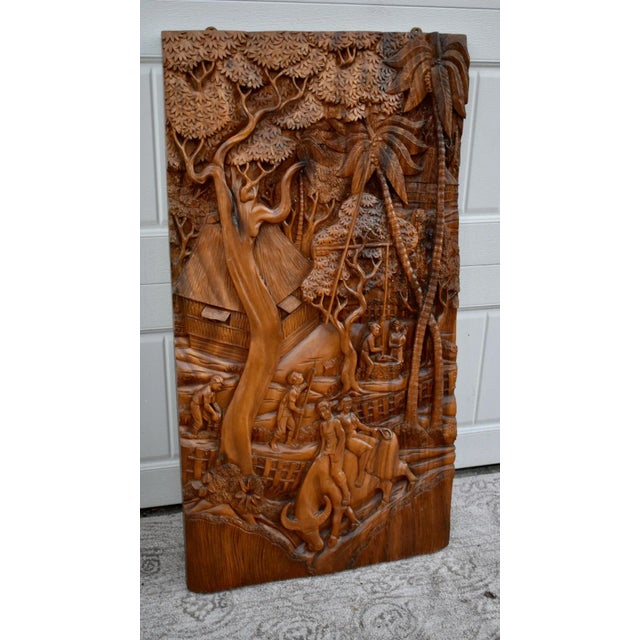 Rustic Teak Hand Carved Plaque Large 3d Wood Relief Balinese Tropical Wall Art For Sale - Image 3 of 11