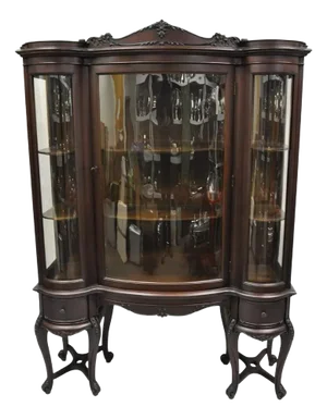 Antique French Renaissance Dark Walnut Triple Bowed Glass China Cabinet