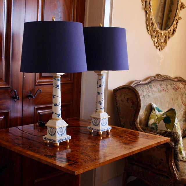 Pair of Neoclassical Painted Lamps, Cream With Blue Designs For Sale - Image 18 of 18
