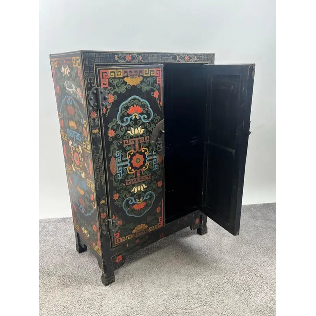 Vintage Asian Black Lacquered Cabinet or Chest With Hand-Painted Floral Motif For Sale - Image 4 of 14