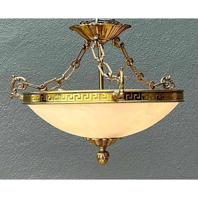Hollywood Regency Vintage Metal and Glass Greek Key Pendant Light For Sale - Image 3 of 12