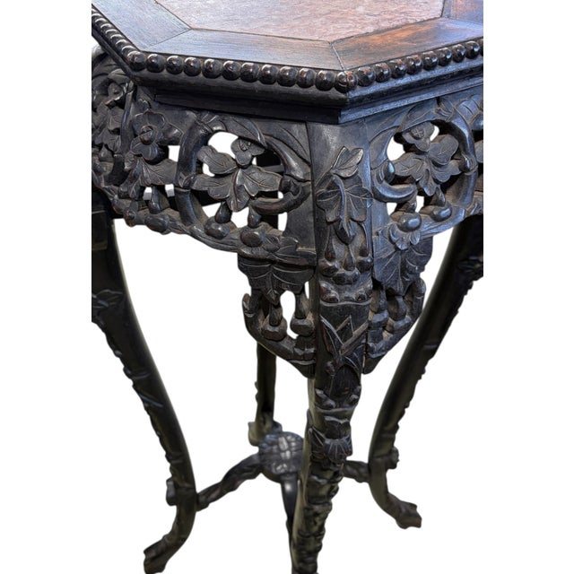19th Century Chinese Rosewood Carved Tall Pedestal Stand Table Marble Top35.5" H For Sale - Image 9 of 9