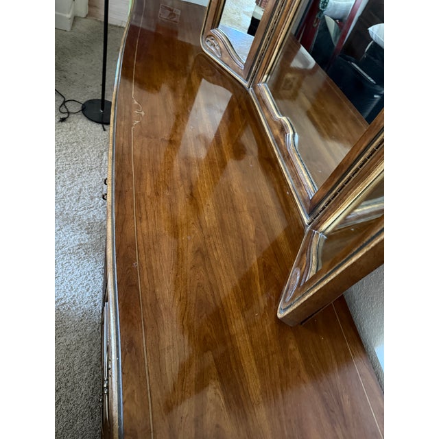 1970s Drexel Heritage French Provincial Louis XV Carved Walnut Triple Dresser With Matching Mirror For Sale - Image 9 of 13