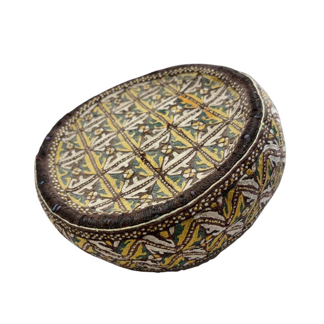 Tribal mid-1900s Central Asian hand-made Afghan-Turkmen cap, meticulously hand-embroidered by local women with silk and...