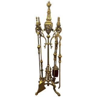 Empire Brass Fireplace Tool Set Having Four Tools and a Stand For Sale