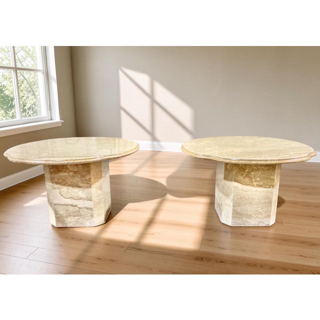Contemporary Pair of 1970s Italian Travertine Scalloped Edge Pedestal End Tables For Sale - Image 3 of 18