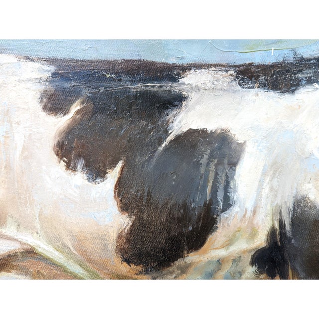 Naturalistic animal painting by contemporary artist Matthew Paoletti. The work features a black and white spotted cow...