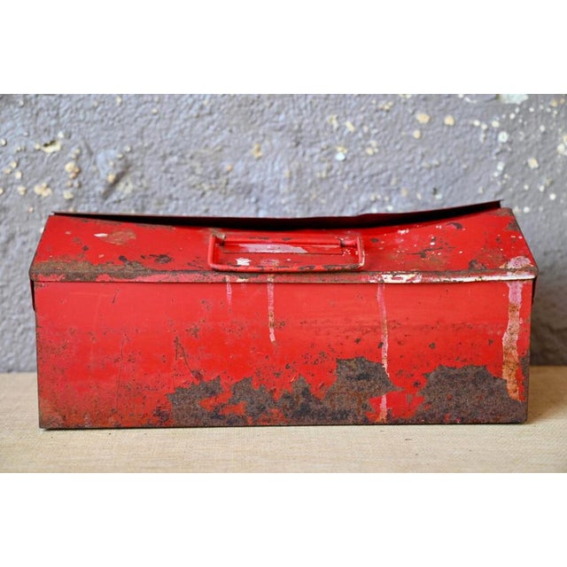 Vintage Industrial Patinated Red Metal Tool Box For Sale - Image 11 of 11