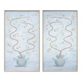 "Orange Trees on Blue Background" Contemporary Botanical Tempera Paintings by Tom Wise, Framed- a Pair For Sale