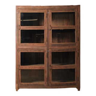 Late 20th Century Wood and Glass Four-Door Display Cabinet With Patinated Finish For Sale