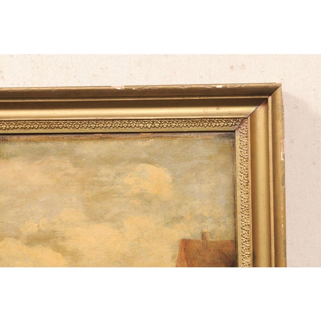 Brown European Riverside Village Painting, 19th C For Sale - Image 8 of 13