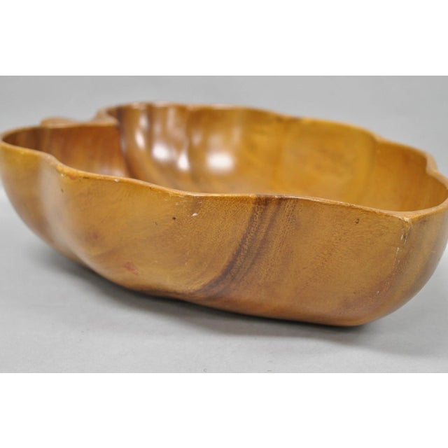 Vintage Mid Century Modern Monkey Pod Carved Koa Wood Banana Leaf 16" Fruit Bowl For Sale - Image 9 of 16