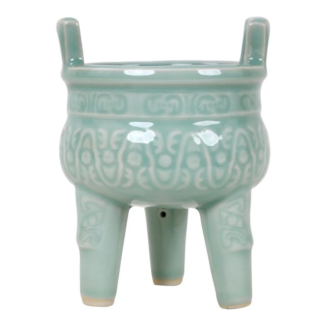 Celadon Vintage Celadon Tripod Cauldron With Two Facing Handles, Incense Burner For Sale - Image 8 of 8