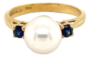 Tiffany & Co. Pearl & Sapphire 18k Yellow Gold Ring - Size 5