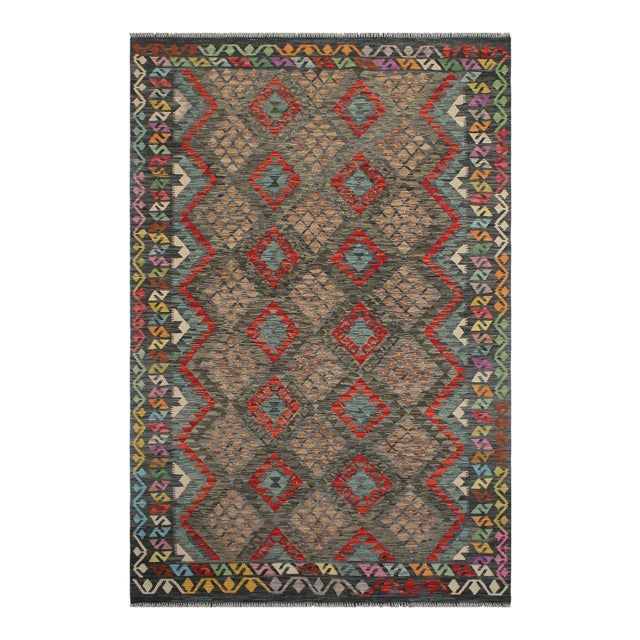 Early 21st Century Southwestern Kilim Charcoal Green Wool Rug For Sale