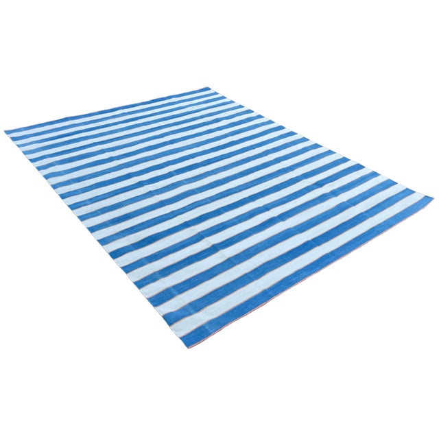 Mid-Century Modern Handmade Cotton Striped Rug, Blue, White and Orange Striped Dhurrie - 10'x14' For Sale - Image 3 of 10