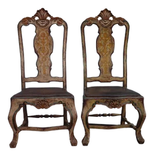 Vintage Brazilian Baroque Hand Painted Tooled Leather Chairs - a Pair