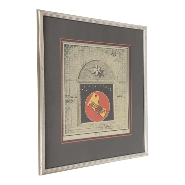 Vintage Italian Mario Logli Futurist Fornasetti Style Celestial Work of Art Framed, 1950's For Sale