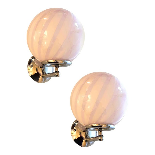 Contemporary milky-white and pink swirl“rods” murano glass wall sconce. luxury modern milky-white sphere with pink swirl...