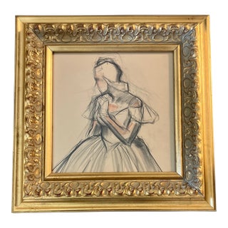 1940’s Original Charcoal & Sepia Female Study Drawing Chunky Gold Frame For Sale