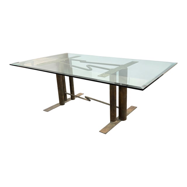 Bespoke Glass + Sculptural Base Dining Table For Sale