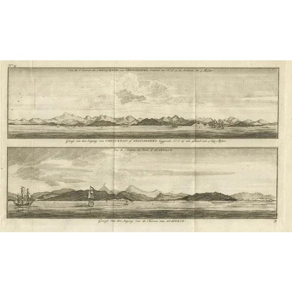 Antique print titled 'Vue de l'entre de Chequetan ou Seguataneo, restant au N.E. a la distance de 5 milles.' 'Vue de...