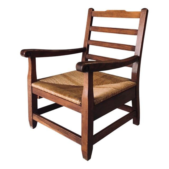 Rustic Oak & Rush Armchair, France, 1930s For Sale
