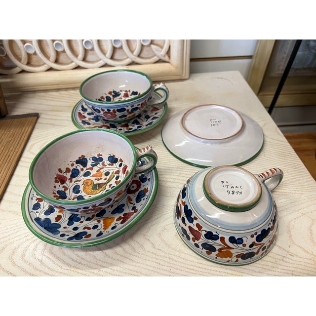 Wonderful and rare Italian pottery tea cup set by Mario Sambuco, Deruta. Design features a rustic traditional design in...