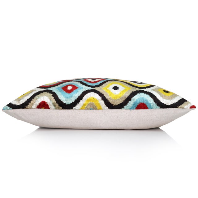 Multicolor Ikat Silk Velvet Lumbar Pillow 16x24 | Handmade Designer Accent For Sale - Image 4 of 7