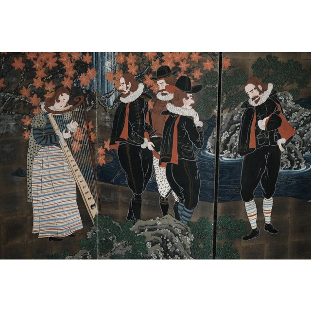 Japanese 4-Panel Restored Nanban Byobu Hand Painted Early 18th to Early 19th Century For Sale In San Diego - Image 6 of 13