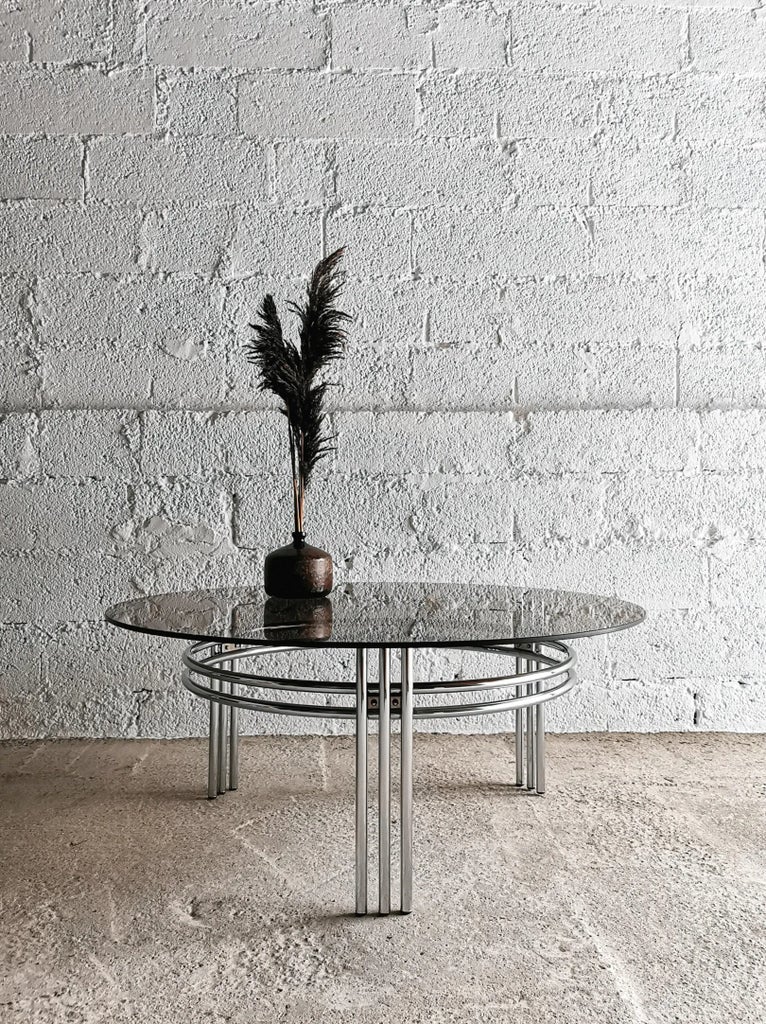 Vintage Space Age Round Coffee Table in Chrome and Glass, 1970s