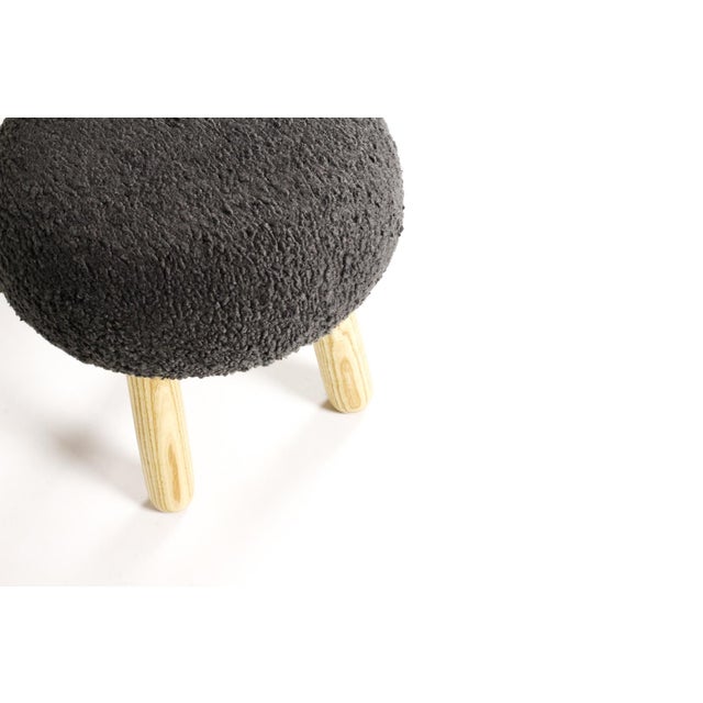 Custom Awassi Tripod Ottoman Footstool — Turned Ash Legs — Charcoal Gray Bouclé For Sale - Image 4 of 5