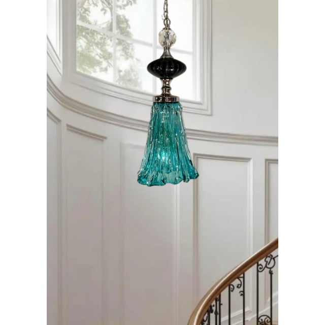 Murano Art Glass Aqua Black Pendant Light For Sale - Image 4 of 18