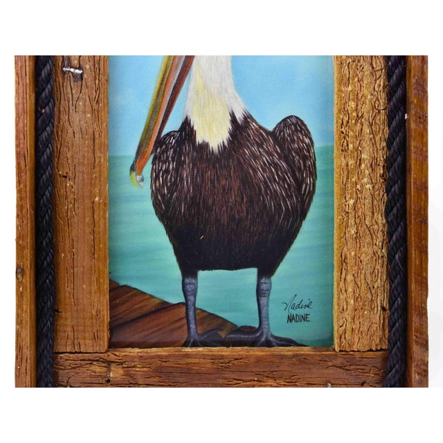 Late 20th Century Late 20th Century Print of Coastal Pelican Bird Sitting on a Deck Frame in Lobster Trap Wood Frame For Sale - Image 5 of 8