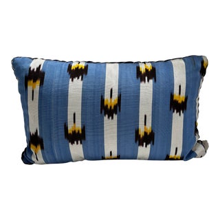 Madeline Weinrib Ikat Blue Pillow With Mother of Pearl Buttons For Sale