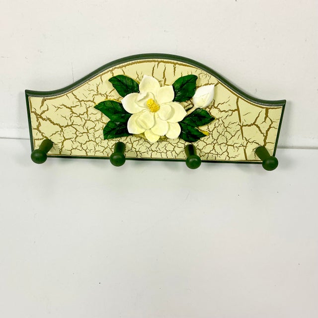 1980s 1980s Vintage Coastal Boho Chic Hand-Painted Magnolia Wall Mounted Hook - 4 Pegs For Sale - Image 5 of 8