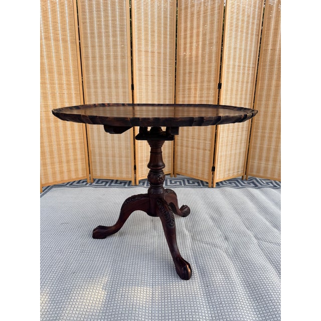 Brown Antique Round Tilt-Top Pedestal Table With Pie Crust Detail For Sale - Image 8 of 18