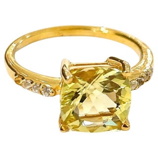 Bochic “Orient” Lemon Topaz & White Topaz Solitaire Ring Set 18K Gold & Silver, Size 7 For Sale