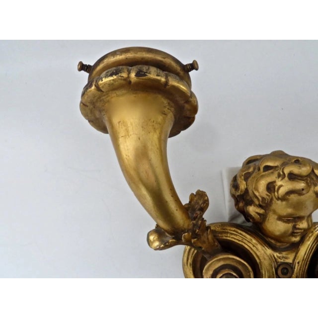 Gold 19thc French Louis XV Carved & Gilt Wood Putto/ Cherub Double Wall Sconces Electrified a - Pair For Sale - Image 8 of 13