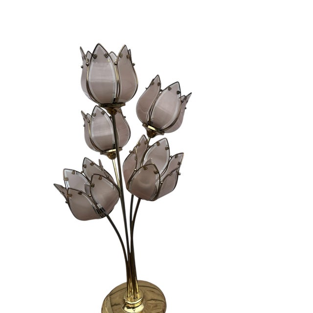 Pair of Italian Mid Century Glass and Brass Lotus Flower Table Lamps For Sale - Image 4 of 12