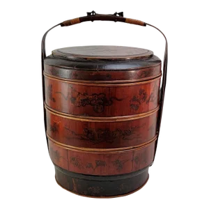 Antique Chinese Red Lacquer Bamboo Wedding Basket With Painted Dragon Motifs 26"
