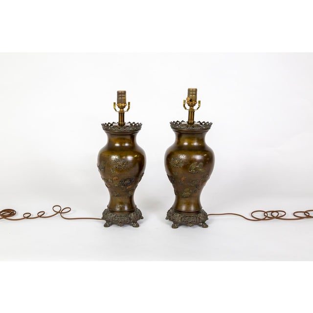 Late 19th Century Meiji Japanese Cast Bronze Relief Chrysanthemum & Birds Lamps - a Pair For Sale - Image 13 of 13